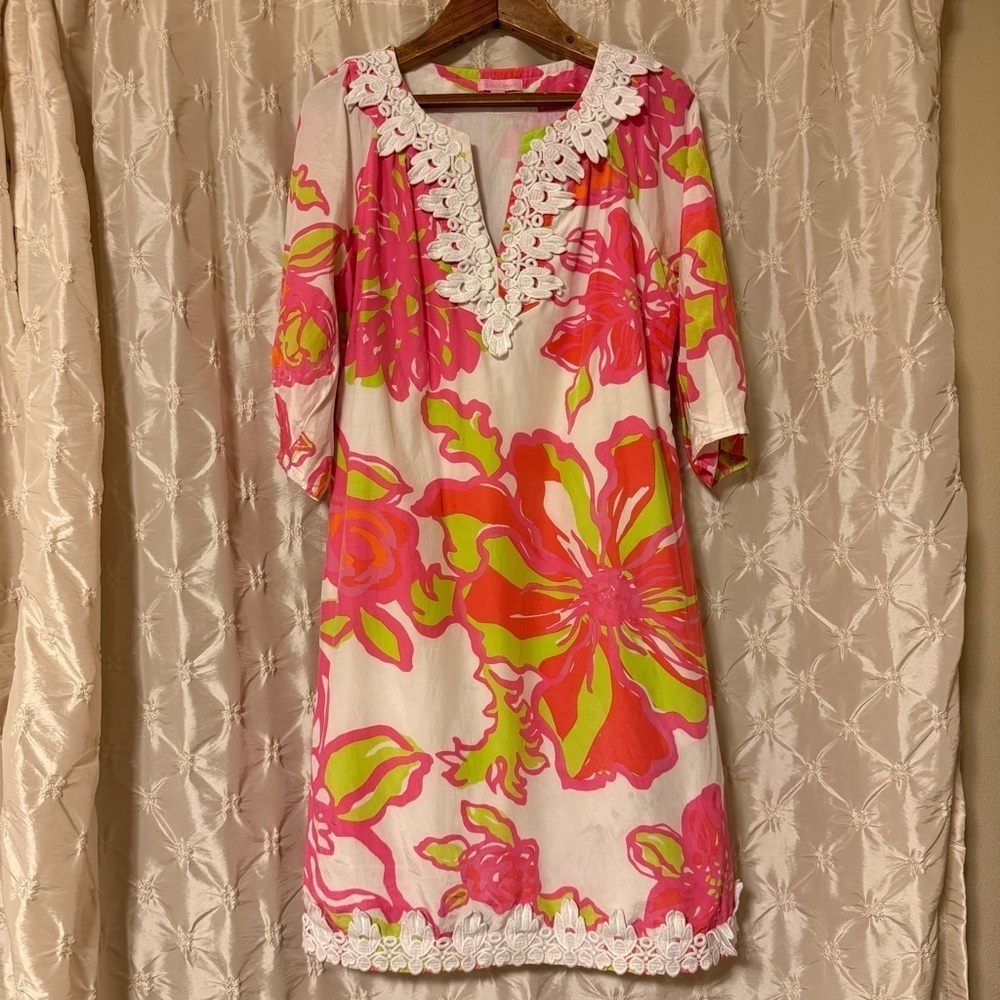 Lilly Pulitzer Silk Blend Floral Dress Pink Green Ivory Crochet-Trim